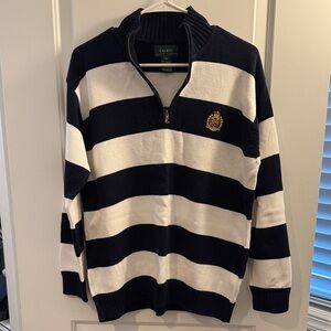 Navy and White Striped Ladies Half Zip Sweater